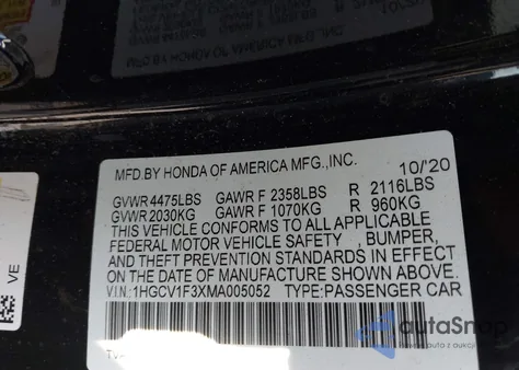 2021 Honda Accord Sport из США, поврежденный, VIN 1HGCV1F3XMA005052